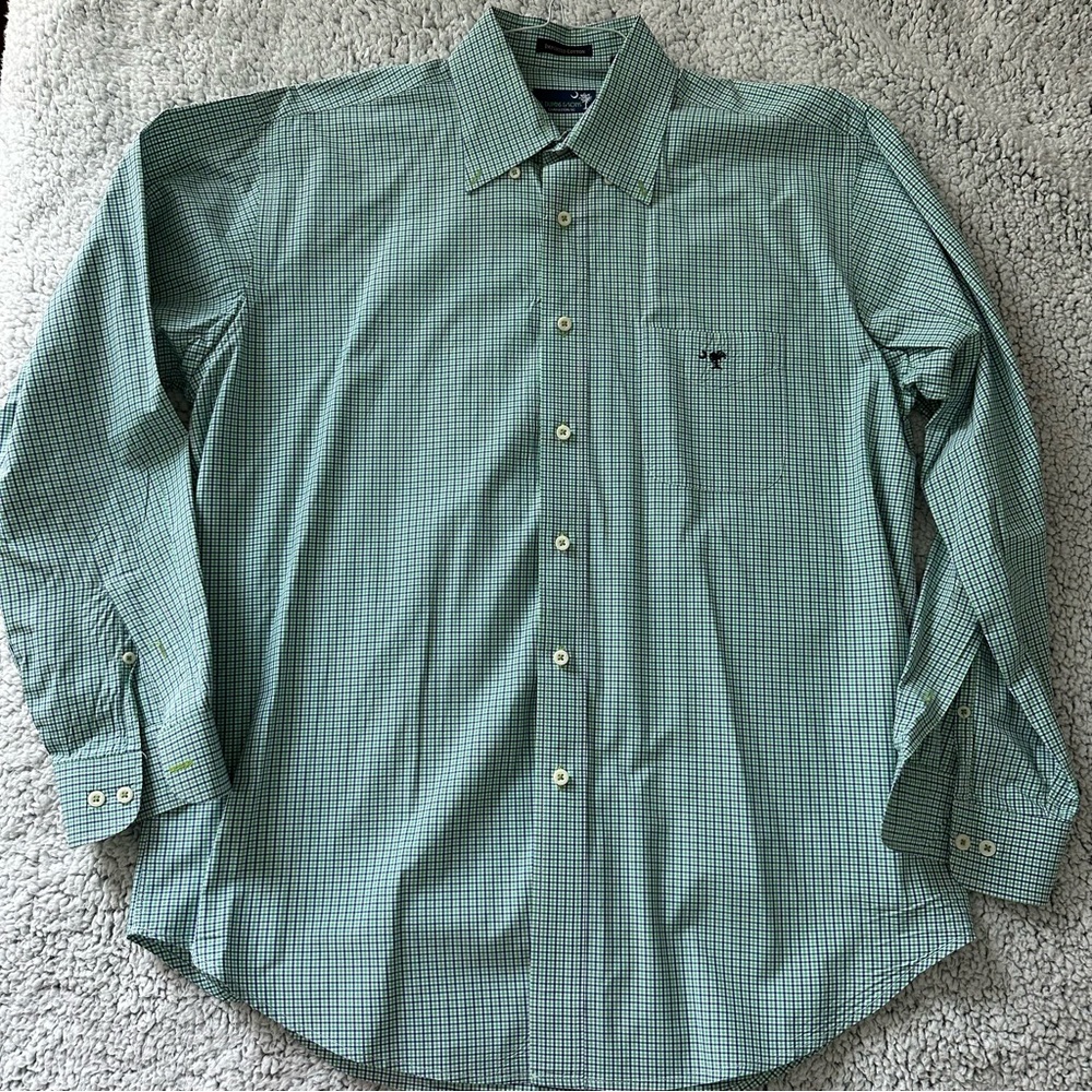 M. Dumas & Sons Gingham check green navy button down long sleeve shirt size L